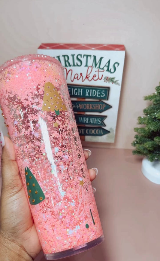 Pink Christmas Trees 32oz Snow Globe Tumbler