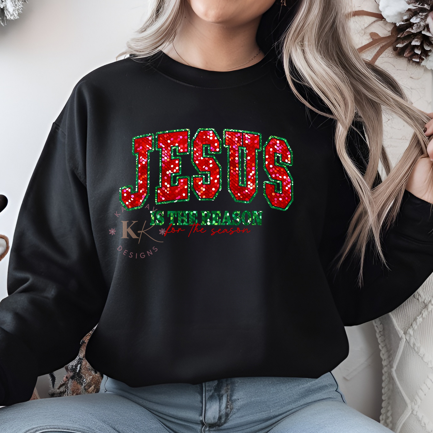 Red Sequin Jesus is the Reason Adult DTF Transfer